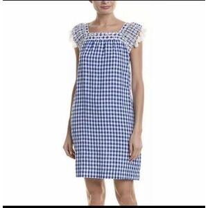 J McLaughlin Blue Gingham Linen Kris Dress Size Large Square Neck